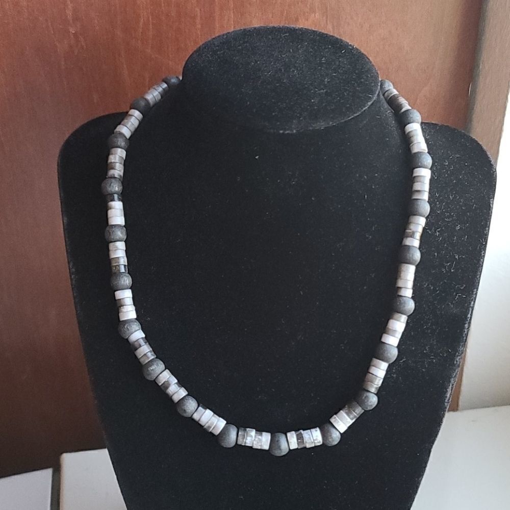 Vintage 90's Clay Beaded Black Grey Surfer Necklace